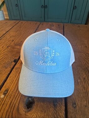 Malibu Light Blue and White Mesh Trucker Hat with Embroidered Crest